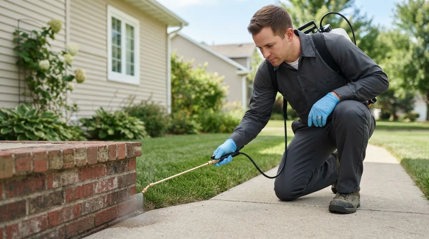 Pest control technician treating a home near Womelsdorf, PA